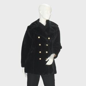 Vintage Chic Black Faux Fur Double Breasted‎ Gold Button Coat Jacket Women's